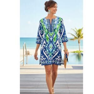BARBARA ERICKSON 3/4 Sleeve Tunic Dress Size XL Capri Blue Ikat Coastal Resort